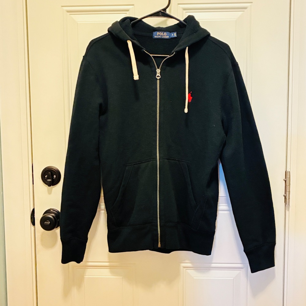 Polo Ralph Lauren Full Zip Hoodie Mens Sm Black Red Pony Logo Waffle Lined Hod